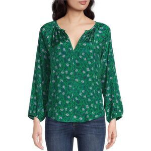ROLLER RABBIT Green Floral Long Sleeve Top Peasant Blouse Lucy Size‎ Large New
